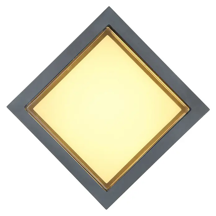 Globo LED-Außenwandleuchte Jalla - 12 W, Grau, IP54 - Quadratische Deckenleuchte mit goldenem Rahmen und grauer Umrandung vor schwarzem Hintergrund. Elegante Beleuchtung für jeden Raum.