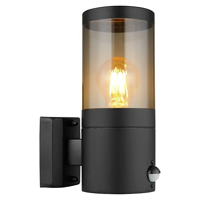 Globo Xeloo Sensor-Außenleuchte - 60 W, L x B x H: 10,2 x 10,2 x 24,5 cm, Schwarz, IP44, Bewegungsmelder - Elegante Außenwandleuchte in Schwarz mit klarem, getöntem Glas und Bewegungsmelder. Perfekt für stilvolle Beleuchtung im Außenbereich.