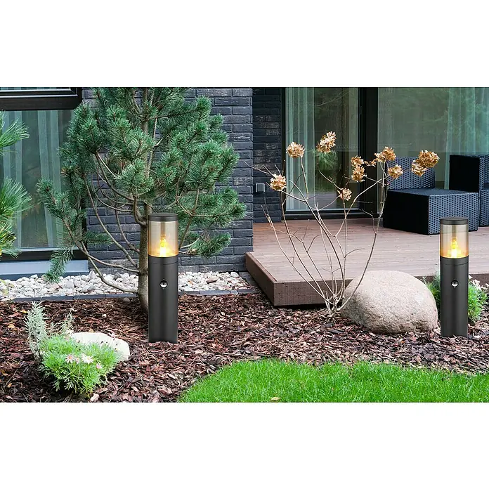 Globo Xeloo Außensockelleuchte - 60 W, Schwarz, 14 x 50 cm - Zwei moderne Wegeleuchten aus schwarzem Metall mit bernsteinfarbenem Schirm beleuchten einen Garten mit Bäumen, Steinen und Rasen.