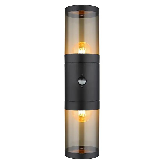 Globo Xeloo Aplique exterior con sensor Xeloo - 60 W, L x An x Al: 10,2 x 10,2 x 42 cm, Negro, IP44, Detector de movimiento - Luz exterior moderna con sensor de movimiento. La lámpara es de metal negro con vidrio color oro, ideal para la puerta principal.