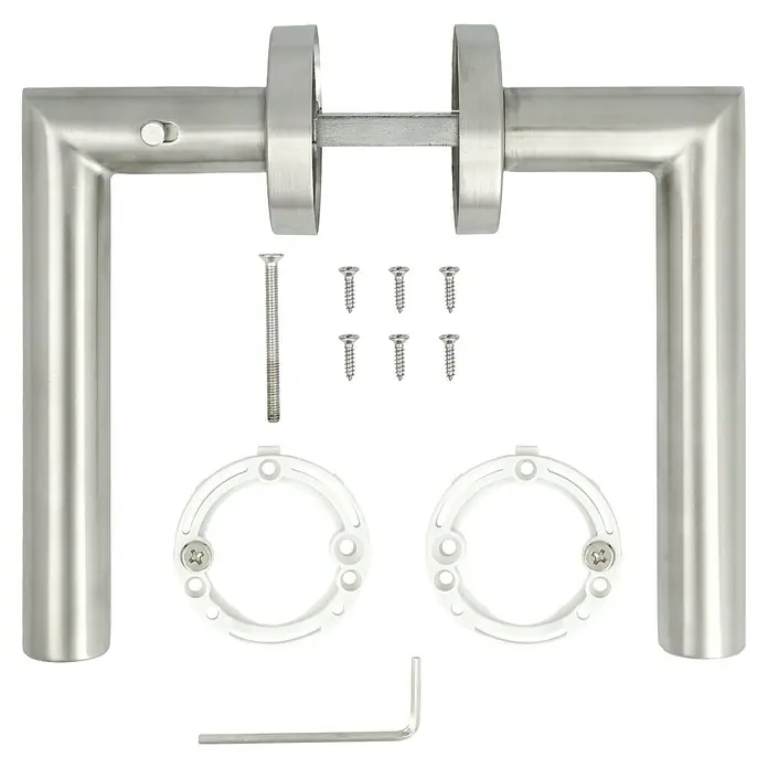 Diamond Doors Zimmertürgarnitur Moderna Smart2lock - Stärke Tür: 38 mm - 45 mm, Edelstahl, L-Form, Edelstahl matt, DIN Anschlag: Rechts, Passend für: Türen ohne Schlüssellochbohrung, Türen mit Schlüssellochbohrung benötigen zusätzlich eine Blindrosette - Produktbild eines Türgriffs aus Edelstahl mit Montageteilen. Inklusive Schrauben und Montageplatten für eine einfache Installation.