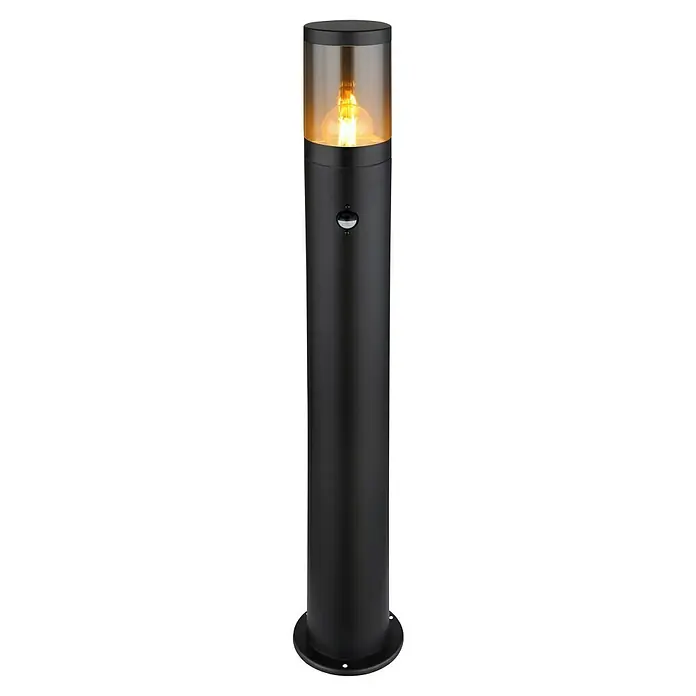 Globo Xeloo Außensockelleuchte - 60 W, Schwarz, 14 x 80 cm - Elegante schwarze Außenleuchte mit bernsteinfarbenem Schirm und integriertem Bewegungssensor für eine stilvolle und sichere Beleuchtung im Außenbereich.