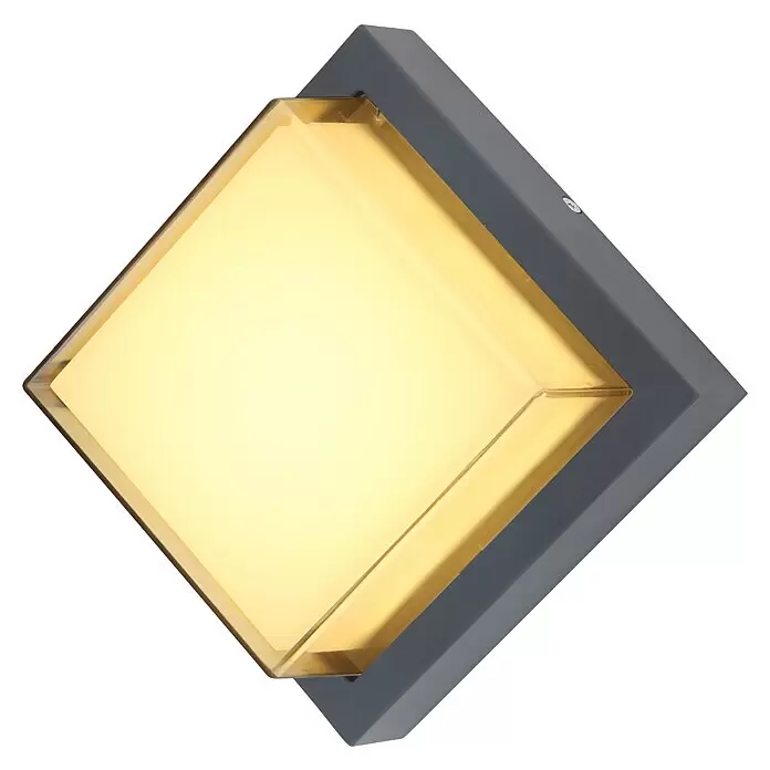 Globo Aplique exterior LED Jalla - 12 W, Gris, IP54 - Lámpara de pared cuadrada gris oscuro con un brillante resplandor amarillo.
