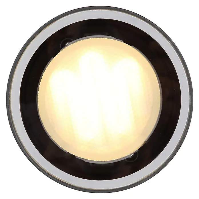 Globo Außenwandleuchte ALCALA - 11 W, Anthrazit, IP44 - Nahaufnahme einer runden LED-Deckenleuchte mit hellem Licht und einem schlanken, modernen Design mit grauem Rahmen.