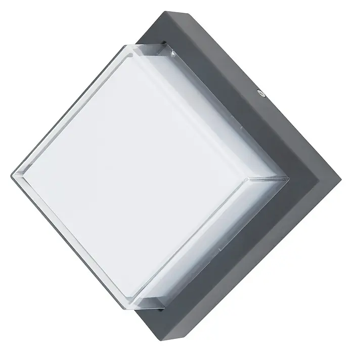Globo LED-Außenwandleuchte Jalla - 12 W, Grau, IP54 - Nahaufnahme einer quadratischen, versenkten LED-Deckenleuchte mit neutralweißem Licht und grauem Rahmen. Perfekt für moderne Innenräume.