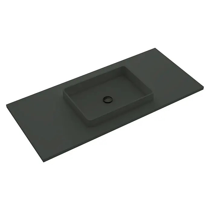 Lavabo y encimera Lisboa - 80 x 46 cm, Sin desbordamiento, Negro - Vista superior de un lavabo rectangular gris montado sobre una encimera a juego. Diseño de baño moderno y elegante.