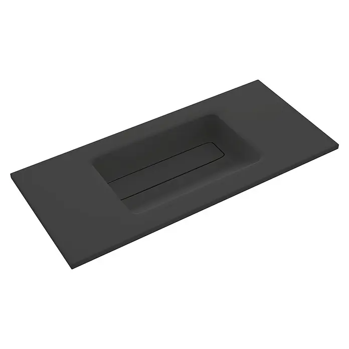 Lavabo Oporto - 80 x 46 cm, Acrílico, Negro - La imagen muestra un lavabo moderno con forma rectangular de color oscuro. El lavabo tiene una superficie lisa y un diseño elegante.