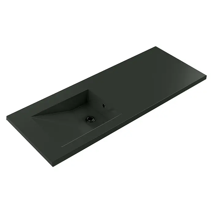 Lavabo Grecia - 120 x 46 cm, Con esmalte antibacteriano, Negro - Elegante lavabo gris oscuro con un diseño moderno, perfecto para un baño con estilo. El lavabo presenta una forma angular distintiva.