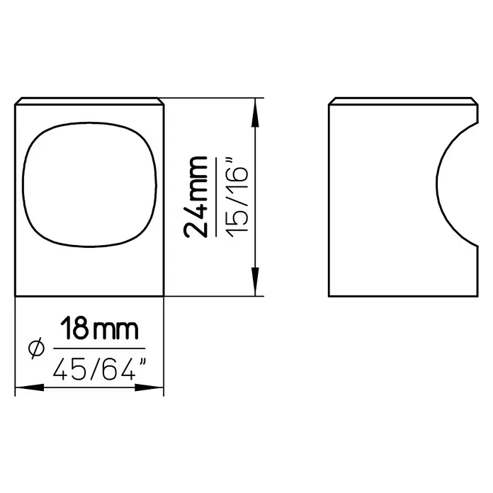 Siro Möbelknopf - Typ Möbelgriff: Knopf, Ø x H: 18 x 24 mm, Stahl, Silber - Technische Zeichnung eines quadratischen Möbelknopfs mit abgerundeten Kanten und Bemaßung 24mm x 18mm.