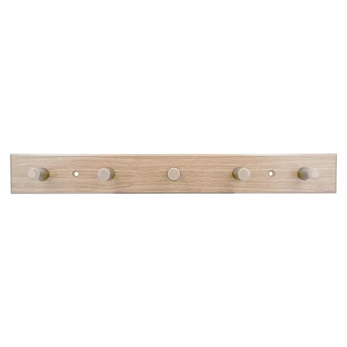 Siro Garderobenleiste - L x B x H: 400 x 48 x 50 mm, Kunststoff, Braun - Eine helle Holzgarderobe mit fünf Knöpfen aus hellem Kunststoff, die an einer Holzwand befestigt sind und einen minimalistischen Stil aufweisen.