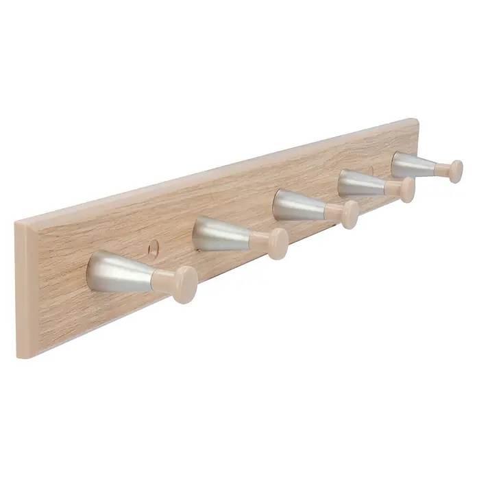 Siro Garderobenleiste - L x B x H: 400 x 48 x 50 mm, Kunststoff, Braun - Eine Garderobenleiste aus Holz mit fünf Haken in Kegelform. Die Haken sind aus Metall und haben eine helle Holzspitze.