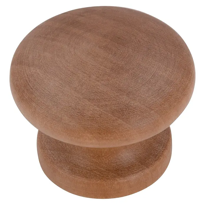 Siro Möbelknopf - Typ Möbelgriff: Knopf, Ø x H: 35 x 27 mm, Holz, Lackiert, Erle - Dieser Artikel zeigt einen runden, braunen Holzknauf mit einer abgerundeten Oberseite und einer kleineren, zylindrischen Basis.