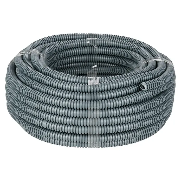 Flexrohr EN16 betonfest - Beton, 25 m, Kunststoff, 750 N, Dunkelgrau, 16 mm - Nahaufnahme einer grauen, flexiblen Elektroinstallationsrohrrolle, die mit durchsichtigem Kunststoffband fixiert ist.
