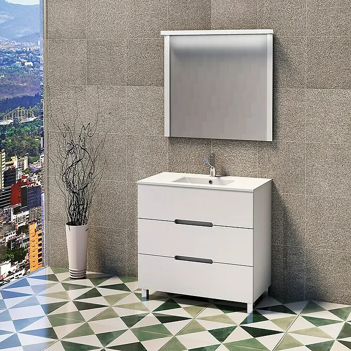 Artysan Mueble bajo de lavabo Lanza Slim - L x An x Al: 38,6 x 80 x 83,3 cm, Blanco - Elegante lavabo de baño con tres cajones y espejo a juego, ideal para baños modernos.