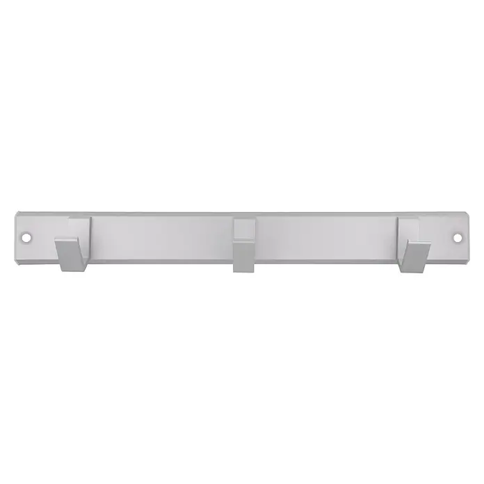 Siro Garderobenleiste - L x B x H: 332 x 44 x 47 mm, Aluminium, Silber - Eine silberfarbene Garderobenleiste mit drei Haken und Bohrlöchern zur Wandmontage. Praktische Lösung zur Aufbewahrung von Jacken und Mänteln.