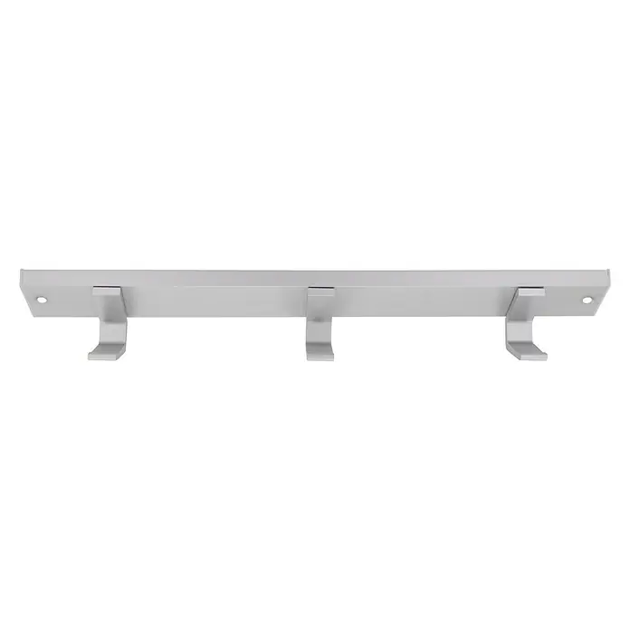 Siro Garderobenleiste - L x B x H: 332 x 44 x 47 mm, Aluminium, Silber - Eine weiße Wandgarderobe mit drei Haken, die eine einfache und funktionale Lösung für die Aufbewahrung von Jacken und anderen Gegenständen bietet.