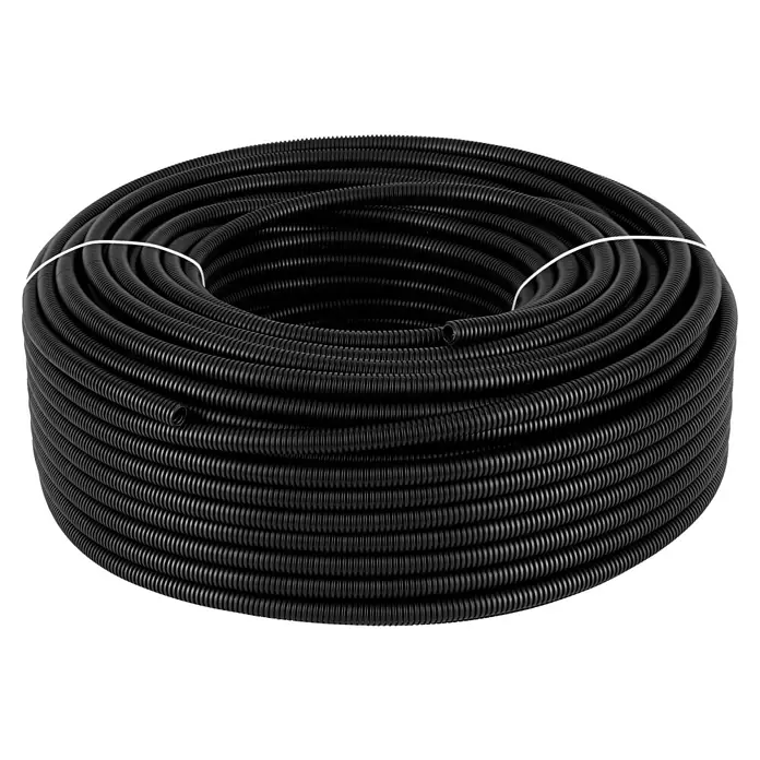 Flexrohr EN16 betonfest - Beton, 100 m, Kunststoff, 750 N, Schwarz, 16 mm - Schwarzes, flexibles Leerrohr aufgerollt und mit einem weißen Band fixiert.
