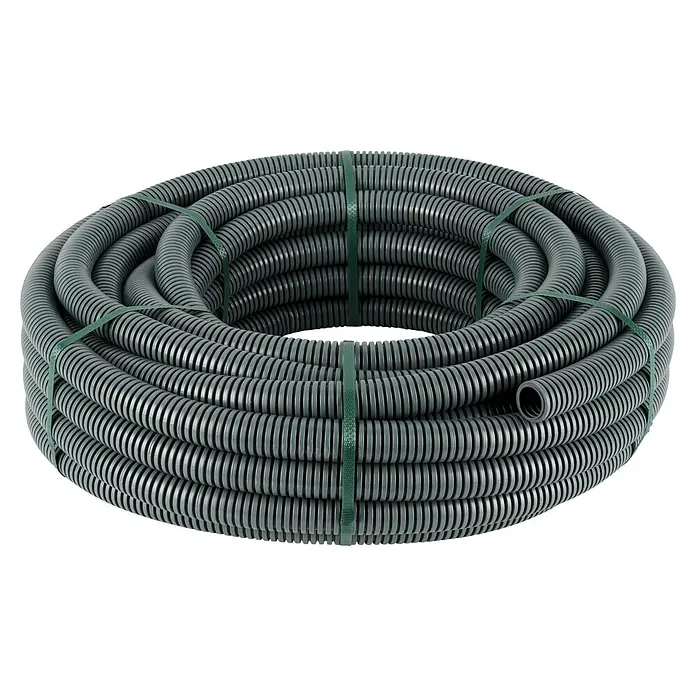 Flexrohr EN32 betonfest - Beton, 25 m, Kunststoff, 750 N, Dunkelgrau, 32 mm - Aufgerolltes, flexibles, graues Elektroinstallationsrohr mit grünen Bändern zur Fixierung. Ideal für Kabelverlegung im Bau.