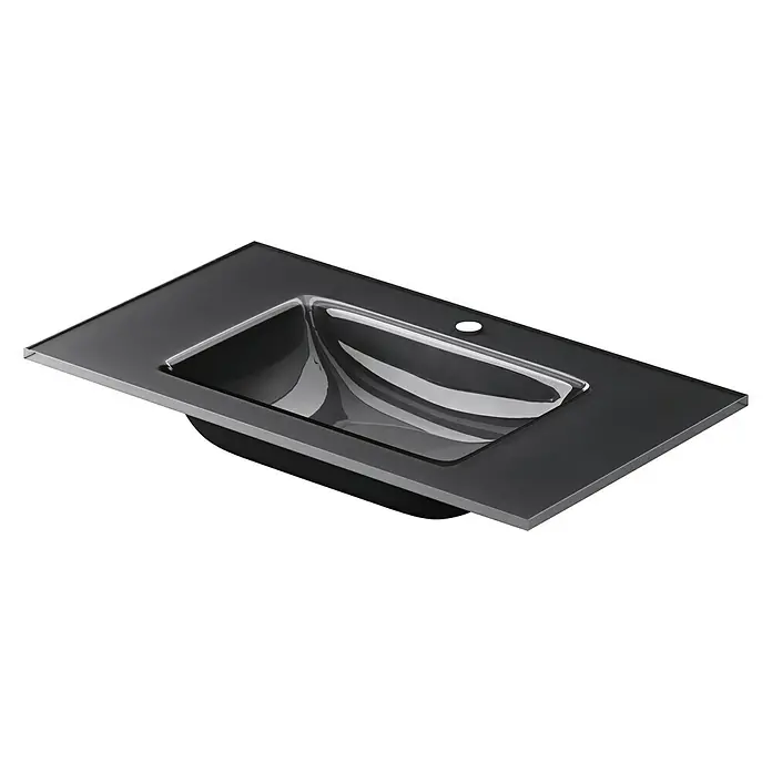 Lavabo Cristal - 71 x 40 cm, Orificios para grifo: Medio, Sin desbordamiento, Negro - Imagen de un lavabo de vidrio negro con un lavabo empotrado y un orificio para grifo sobre un fondo blanco.