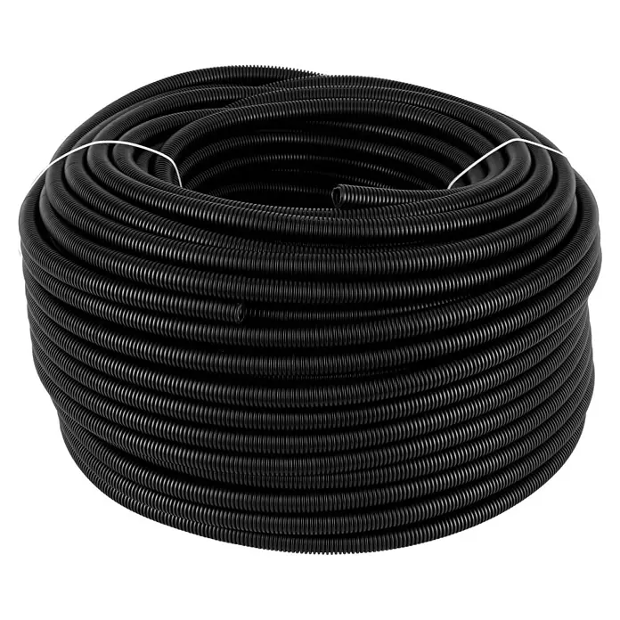 Flexrohr EN20 betonfest - Beton, 100 m, Kunststoff, 750 N, Schwarz, 20 mm - Eine Rolle schwarzes, flexibles Wellrohr, zusammengebunden mit weißem Kabelbinder.