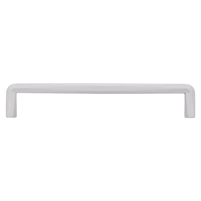 Siro Möbelgriff - Typ Möbelgriff: Bügel, L x B x H: 169 x 10 x 31 mm, Stahl, Weiß - Ein schlichter, weißer Möbelgriff mit abgerundeten Ecken ist in der Nahaufnahme zu sehen. Ideal für moderne Küchen und Badezimmer.