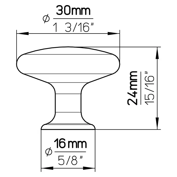 Siro Möbelknopf - Typ Möbelgriff: Knopf, Ø x H: 30 x 24 mm, Stahl, Weiß - Eine technische Zeichnung eines Knopfes mit Bemaßungen: 30mm Durchmesser oben, 16mm Durchmesser unten und 24mm Höhe.