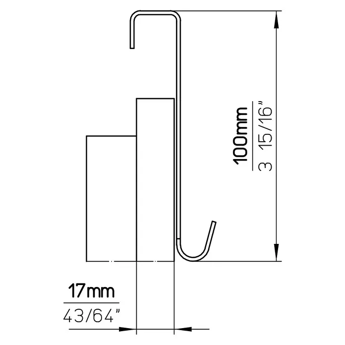 Siro Türgarderobe - L x H: 255 x 100 mm, Schwarz, Anzahl Haken: 4 Stk. - Produktskizze eines Aufhängers mit den Maßen 100mm Höhe und 17mm Breite, inklusive metrischer und Zollangaben für detaillierte Spezifikationen.