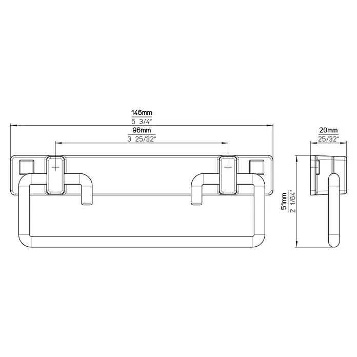 Siro Möbelgriff - Typ Möbelgriff: Sonstige, L x B x H: 146 x 51 x 20 mm, Stahl, Schwarz - Produktzeichnung mit den Maßen 146mm Breite, 96mm Griffabstand, 51mm Höhe und 20mm Tiefe.