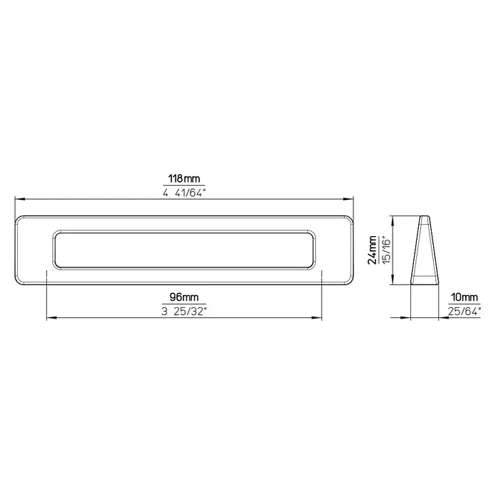 Siro Möbelgriff - Typ Möbelgriff: Bügel, L x B x H: 118 x 10 x 24 mm, Stahl, Schwarz - Produktabbildung mit Maßangaben. Die Länge des Produkts beträgt 118mm, die Höhe 24mm und die Tiefe 10mm.