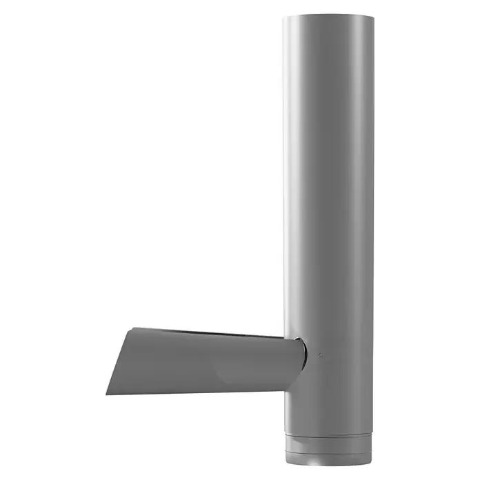 Marley Regenfallrohrklappe - Nennweite: 105 mm, Kunststoff, Grau - Das Bild zeigt einen grauen Wasserhahn mit einem vertikalen Rohr und einem horizontalen Auslauf. Schlichtes Design.
