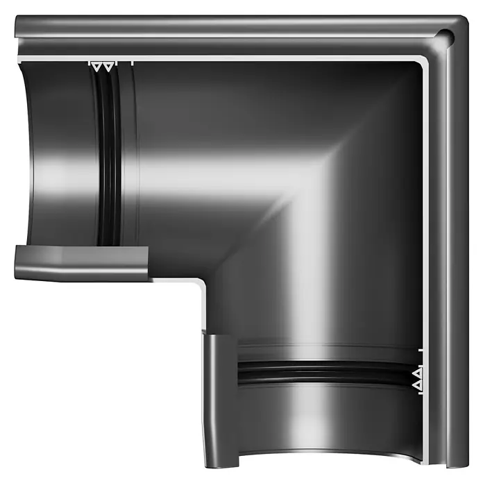Marley Rinnenwinkel - Nennweite: 75 mm, Außenecke, Kunststoff, Anthrazit-Metallic - Das Bild zeigt ein glänzendes, metallisches 90-Grad-Rohrstück, das für Sanitärinstallationen oder industrielle Anwendungen verwendet werden könnte.