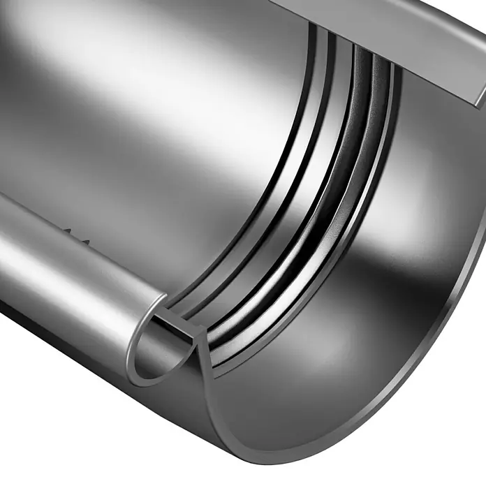 FunkeGruppe Rinnenwinkel - Nennweite: 75 mm, Außenecke, Kunststoff, Anthrazit - Nahaufnahme einer metallischen Rohrbaugruppe, die technische Präzision und industrielle Fertigung demonstriert.