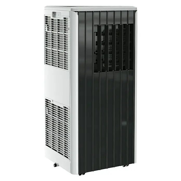 Voltomat Aire acondicionado portátil WiFi Khione - 2.600 W, Tamaño de la estancia: 26 m², Negro - Imagen de un aire acondicionado portátil en blanco y negro con ranuras de ventilación. Perfecto para enfriar espacios.