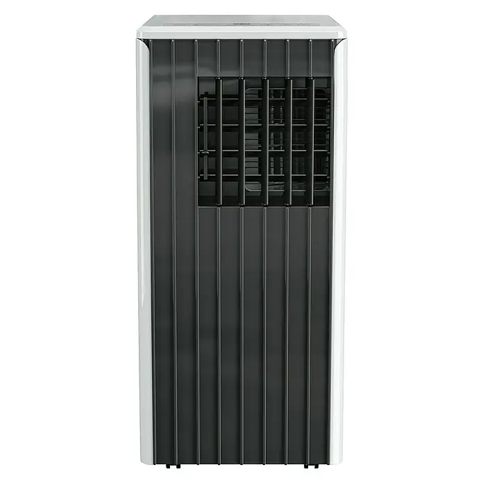 Voltomat Aire acondicionado portátil WiFi Khione - 2.600 W, Tamaño de la estancia: 26 m², Negro - Imagen de un aire acondicionado portátil con listones verticales grises y ribete blanco, diseñado para la comodidad.