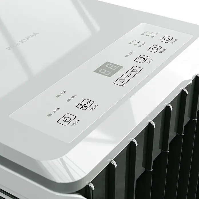 Voltomat Aire acondicionado portátil WiFi Khione - 2.600 W, Tamaño de la estancia: 26 m², Negro - Primer plano del panel de control de un aire acondicionado portátil, que muestra funciones como temporizador, velocidad y modo de reposo.