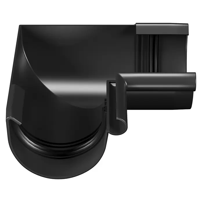 FunkeGruppe Rinnenwinkel - Nennweite: 75 mm, Außenecke, Kunststoff, Anthrazit - Nahaufnahme einer schwarzen Dachrinne, die die Bauweise und das Design dieses Entwässerungssystems hervorhebt.