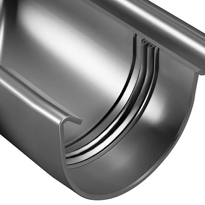 Marley Rinnenwinkel - Nennweite: 100 mm, Außenecke, Kunststoff, Anthrazit-Metallic - Metallisches, silbergraues halbrundes Dachrinnensegment im Querschnitt mit inneren Dichtungsringen.