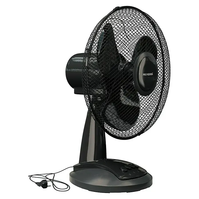 Voltomat Tischventilator - Schwarz, 30 cm - Nahaufnahme eines schwarzen ProKlima-Tischventilators mit Schutzgitter und Bedienelementen auf einem schwarzen Hintergrund.
