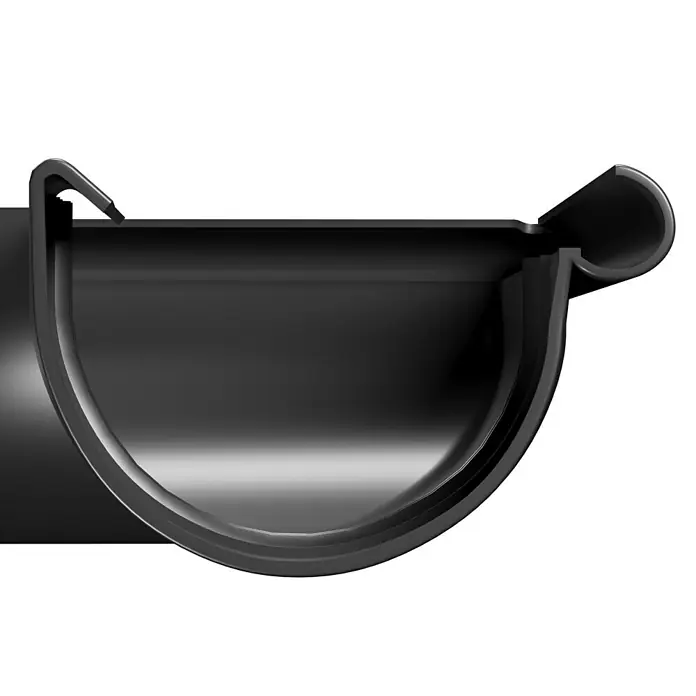 Marley Rinnenwinkel - Nennweite: 100 mm, Außenecke, Kunststoff, Anthrazit-Metallic - Abbildung einer eleganten, schwarzen Dachrinne. Sie ist ein wichtiges Element für die Ableitung von Regenwasser vom Dach.