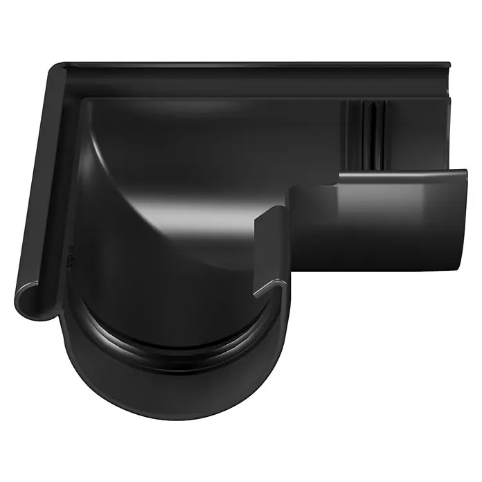 Marley Rinnenwinkel - Nennweite: 75 mm, Außenecke, Kunststoff, Anthrazit-Metallic - Detaillierte Ansicht eines schwarzen Dachrinnenwinkels, der für Regenwasserableitung an Gebäuden verwendet wird.
