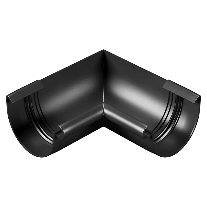 Marley Rinnenwinkel - Nennweite: 100 mm, Innen-/Außenecke, Kunststoff, Anthrazit-Metallic - Schwarzer Dachrinnenwinkel, der verwendet wird, um zwei Dachrinnensegmente in einem Winkel miteinander zu verbinden, für eine effiziente Dachentwässerung.