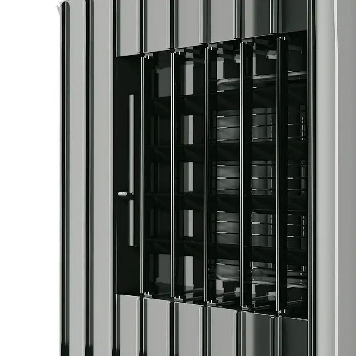 Voltomat Aire acondicionado portátil WiFi Khione - 2.600 W, Tamaño de la estancia: 26 m², Negro - Primer plano de un radiador moderno y elegante con un diseño distintivo y un acabado de alta calidad para una distribución eficiente del calor.