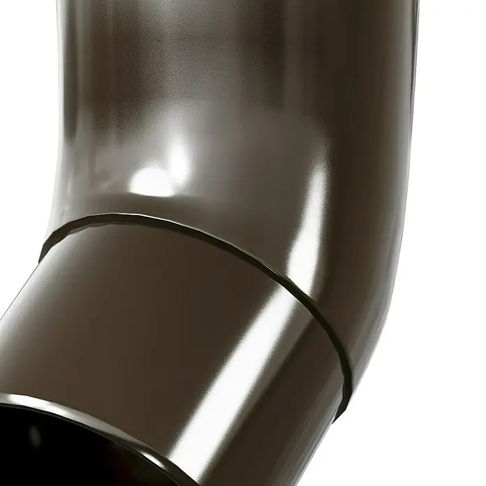 FunkeGruppe Fallrohrbogen - Nennweite: 75 mm, Winkel: 45 °, Kunststoff, Braun - Nahaufnahme eines glänzenden, abgewinkelten Metallrohrs, ideal für industrielle Anwendungen oder moderne Designs.