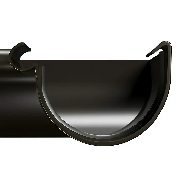 FunkeGruppe Rinnenwinkel - Nennweite: 75 mm, Außenecke, Kunststoff, Braun - Detailaufnahme einer schwarzen Dachrinne, die durch ihr Design Wasser effektiv ableitet und das Gebäude vor Schäden schützt.