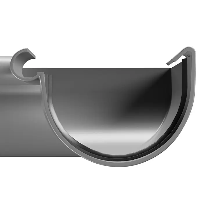 FunkeGruppe Rinnenwinkel - Nennweite: 100 mm, Außenecke, Kunststoff, Grau - Abbildung einer Dachrinne aus Metall, die Regenwasser ableitet und das Gebäude vor Wasserschäden schützt. Sie ist robust und langlebig.