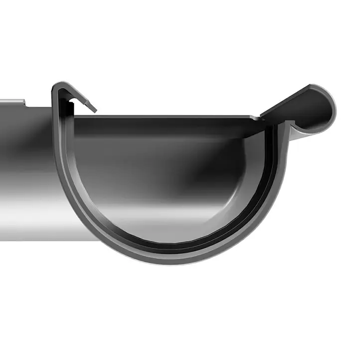 Marley Rinnenwinkel - Nennweite: 100 mm, Außenecke, Kunststoff, Grau - Detailaufnahme einer Dachrinne aus Metall, die ihre Konstruktion und Form hervorhebt.\n