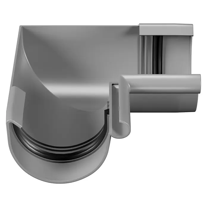 Marley Rinnenwinkel - Nennweite: 100 mm, Innenecke, Kunststoff, Grau - Detaillierte Ansicht einer grauen Dachrinne mit Verbindungsstück, die die Konstruktion und Funktionalität zeigt.