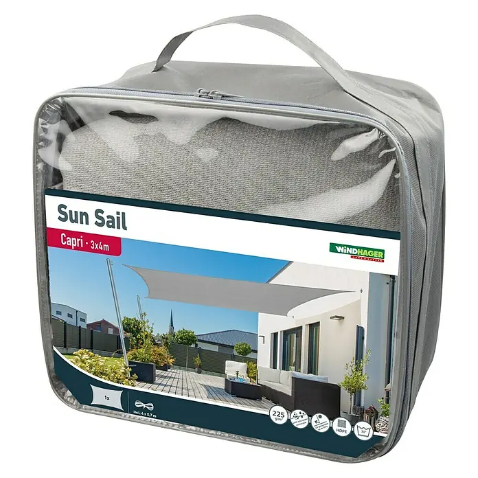 Windhager Sonnensegel Capri - L x B: 3 x 4 m, Grau, Rechteckig - Verpackte Windhager "Sun Sail Capri 3x4m" mit Tragegriff, ideal für Sonnenschutz im Garten.
