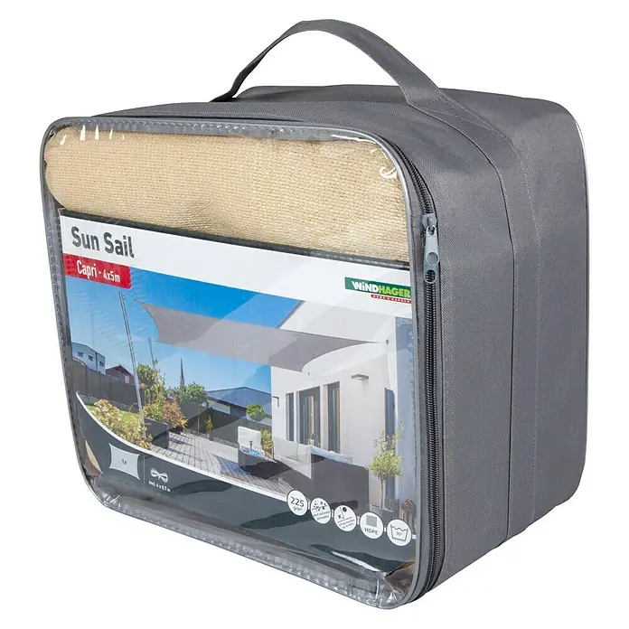 Windhager Sonnensegel Capri - L x B: 4 x 5 m, Champagner, Rechteckig - Eine verpackte Capri Sun Sail 4x5m Sonnenblende der Marke WINDHAGER, ideal zum Schutz vor Sonne und zur Gestaltung des Außenbereichs.
