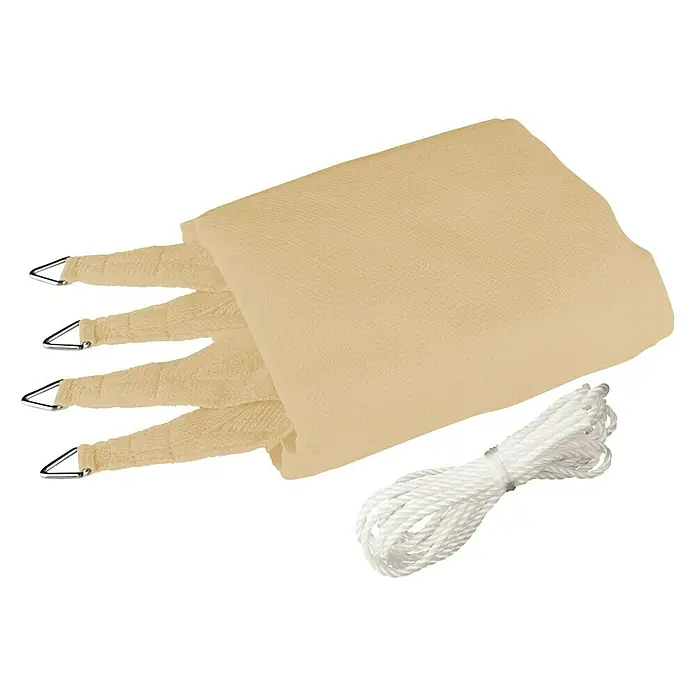 Windhager Sonnensegel Capri - L x B: 3 x 4 m, Champagner, Rechteckig - Beige Sonnensegel mit Edelstahlbefestigungen und weißem Seil auf schwarzem Hintergrund. Ideal für den Garten oder die Terrasse.